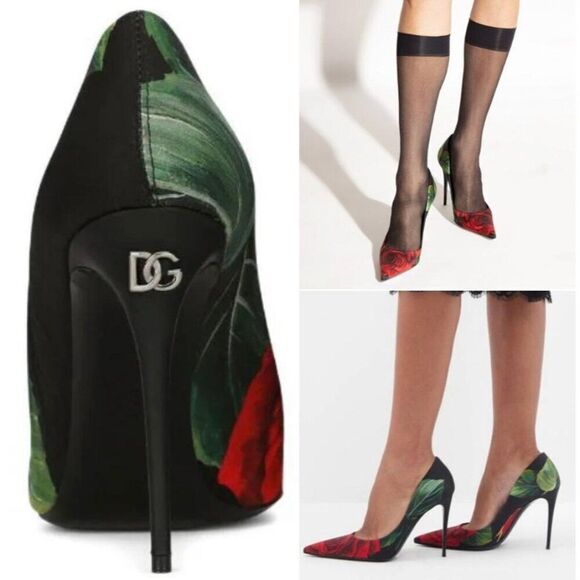 NWT DOLCE & GABBANA Black Satin Rose Print Pointed Toe Stiletto Pumps Si… - Picture 1 of 16